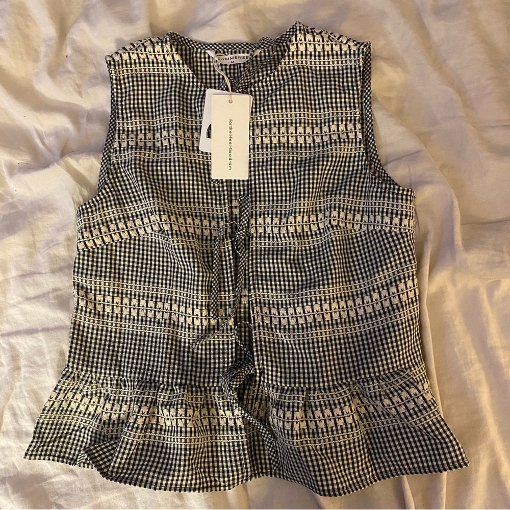 Commense Black and White Tie-Front M Top Cottagecore Old Money Classic Country